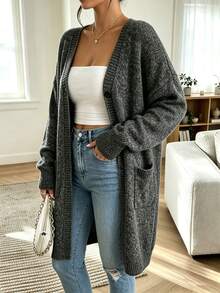 Plus Size Casual Fashion Versatile V-Neck Button Pocket Long Sleeve Knit Long Cardigan - Dark Grey - View 5
