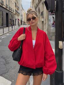 Women V Neck Bomber Jacket, Solid Red Long Puff Sleeve Elastic Hem Loose Casual Outerwear With Pockets - Red - View 2