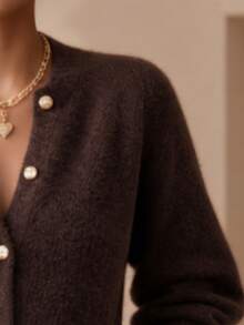 Elegant Solid Color Ruffle V-Neck Cardigan, Fuzzy Knit Gold Button Short Long Sleeve Sweater (Women's) - Coffee Brown - View 5