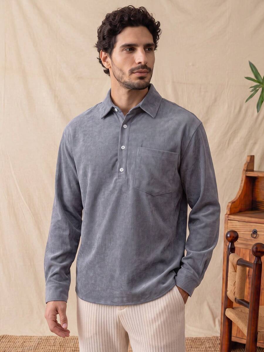 glestore Men's Vintage Corduroy Long Sleeve Button-Down Shirt, Suitable For All Seasons, Casual & Fashionable - Grey - View 1
