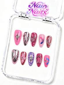 NAIO 10pcs 3 Sizes Almond Stiletto Short Square Handmade Press On Nails, Fall Autumn Nails, Pink Tone With Silver Metal Curve, Star Rhinestone, Grid & Polka Dot Print, Glossy Full Cover Fake Nails For Daily & Party Wear, With Nail Tool Kit - Multicolor - View 14