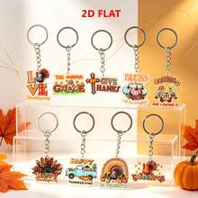 2D Flat, 9pcs Thanksgiving Acrylic Keychain Set, Autumn Thanksgiving Keychains, Blessings And Abundance, Durable Thanksgiving Pendants, Car Keychains, Backpack Decorations, Unisex, Turkey Pumpkin Maple Leaf Gnome Decorations - Multicolor - View 2