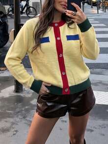 Women's Colorblock Knit Cardigan, Autumn/Winter Long Sleeve Round Neck Button-Up Sweater Top, Medium Stretch Knitwear - Yellow - View 5