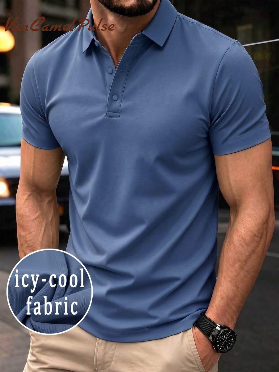 Vancamel Pulse Men's Loose Quick-Dry Ice Silk Polo Shirt, Outdoor Running Workout Commute Collared Short Sleeve, Commute Light Business Polo Shirt Sports Summer - Blue - View 1