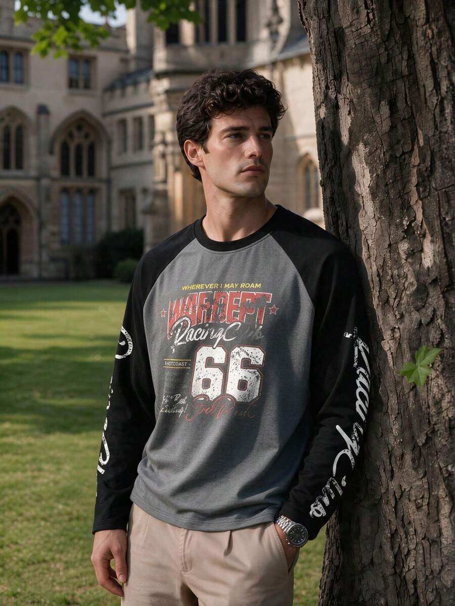 Men's Raglan Sleeve 66 Racing Number Print Colorblock Casual Long Sleeve T-Shirt - Black - View 1