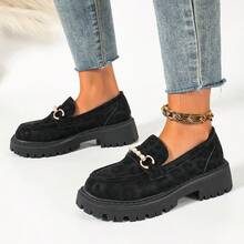 Women's Leopard Print Round Toe Thick Sole Pearl Metal Buckle Loafers, Spring/Autumn Retro Platform Height-Increasing Student Commuter British Style Shoes - Black - View 4