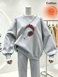 Casual Women's Thermal Lined Sweatshirt, Long Drop Shoulder Pullover With Ribbed Knit Details And Unique Wine Glass Print, Suitable For Winter - Flower Gray - View 10