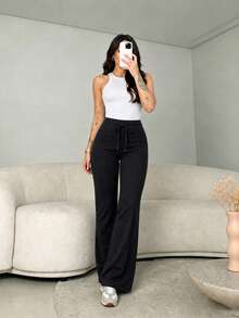 Women's Casual Commuting Minimalist Solid Color Elastic Waist Flare Pants - Black - View 2