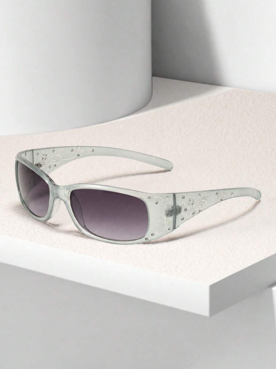 1pc Women Rhinestone Square Frame Vintage Chic Street Fashion Glasses, Suitable For Daily Use For Summer Beach Vacation,Outdoor,Travel - Blue - View 1