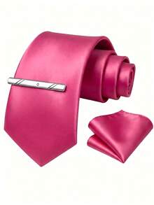 1 Set Men's 8cm Satin Tie, Pocket Square And Tie Clip Set, Suitable For Business Meetings, Wedding Party Groom Tie Set - Hot Pink - View 2
