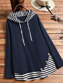 Women's Plus Size Hooded Sweatshirt, Striped Hem, Drawstring Design, Regular Length Quilted Pullover, Long Sleeve Casual Top, Suitable For Autumn Wear - Navy Blue - View 3