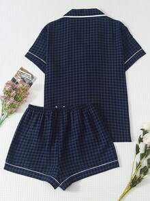 2pcs Women's Comfortable Plaid Print Short Sleeve Collared Top And Bow Shorts Pajama Set - Blue - View 2