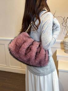 Women's Plush Pink Large Capacity Metal Chain Shoulder Bag, Autumn/Winter - Pink - View 8