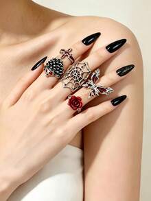 10/20pcs/Set Cincin Unisex Gaya Punk Gothic Vintage Halloween, Desain Mata Besar dan Bentuk Hati, Hadiah Pesta Liburan, Aksesori Pemakaian Sehari-hari untuk Teman - Cincin Halloween Merah Kupu-Kupu Mawar Gaya Punk - View 9