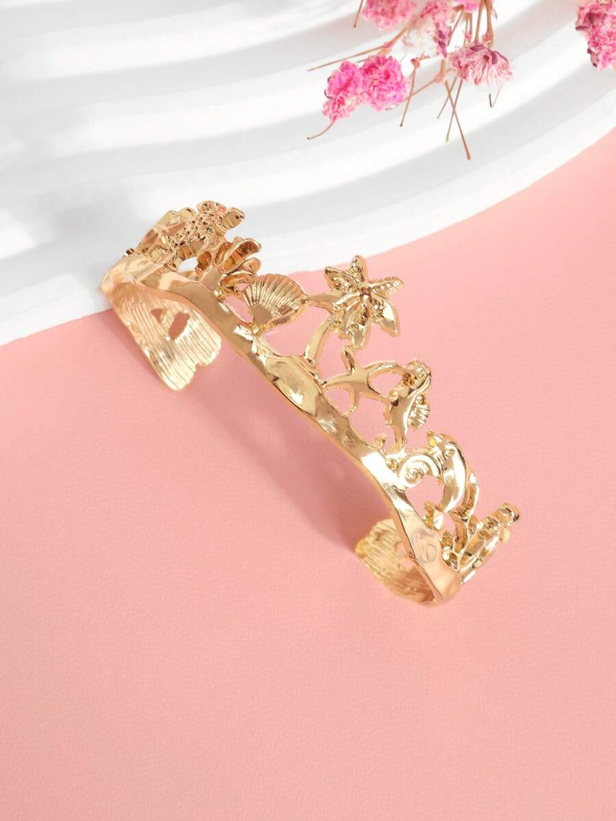 1pc Ocean Style Starfish Coconut Tree Turtle Dolphin Seahorse Open Bracelet Women's Jewelry - Gold - View 1