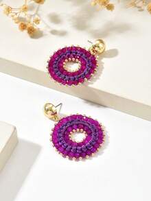 1 Pair Fashion Minimalist Elegant Woven Rope Handmade Beaded Hollow Round Hoop Earrings, Suitable For Women's Daily, Vacation And Party Wear - Purple - View 4