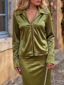 Women Elegant Green Velvet Zip Jacket Fall Winter Christmas Party Lapel Long Sleeve Slim Coat - Green - View 9