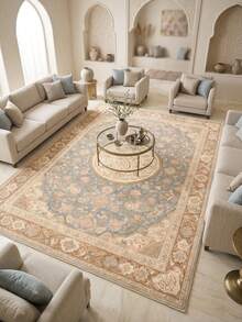 1PC Arabic Calligraphy Pattern Faux Cashmere Machine Washable Area Rug, Middle Eastern Persian Style Islamic Classical Court Rectangular Soft Carpet, Living Room Bedroom Home Decor, All Season Use, Aesthetic Home Decoration - Multicolor - View 1