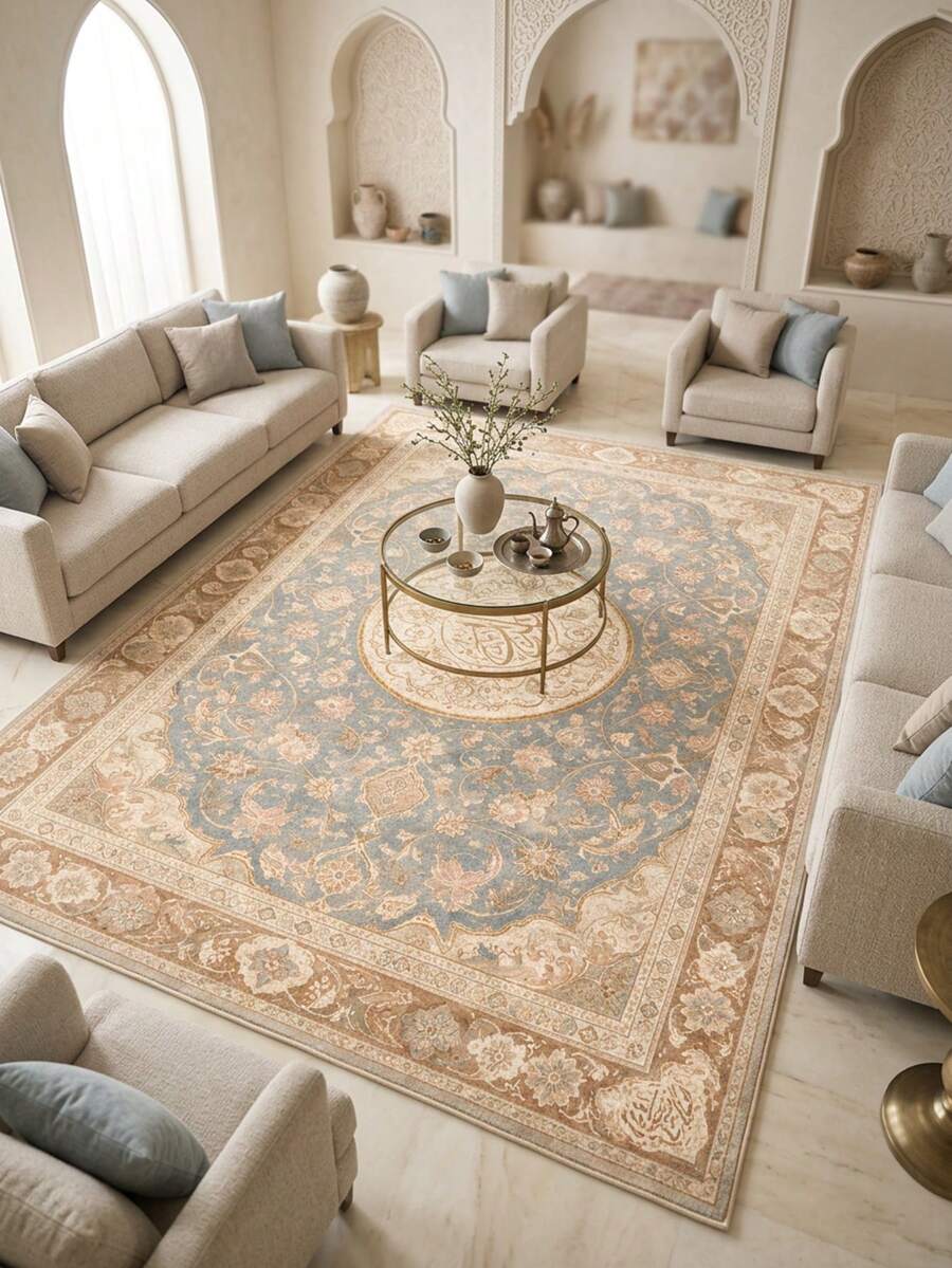 1PC Arabic Calligraphy Pattern Faux Cashmere Machine Washable Area Rug, Middle Eastern Persian Style Islamic Classical Court Rectangular Soft Carpet, Living Room Bedroom Home Decor, All Season Use, Aesthetic Home Decoration - Multicolor - View 1