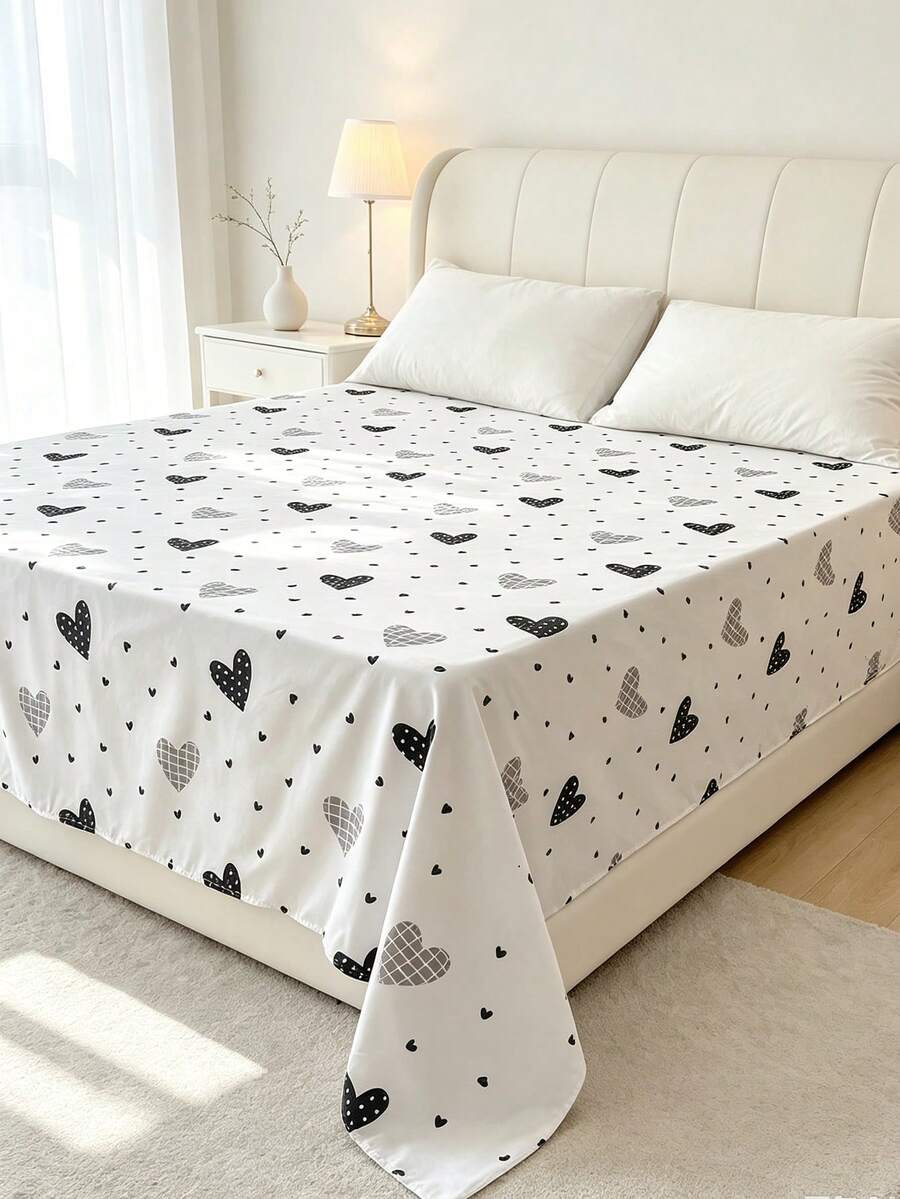 1pc Bed Sheet - 100% Lightweight Polyester Fabric, Heart Print Bed Cover, Breathable Bedding, Bedroom Decor Bed Cover, Suitable For Adults