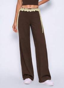 Never me Women's Loose Wide Leg High Waist Ruffle Waistband Side Drawstring Yoga Pilates Outdoor Jogging Daily Commute Casual Sports Pants - Brown - View 4