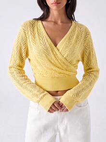 Women's Yellow Knit Short Cardigan, Medium Stretch Long Sleeve V-Neck Top, Ribbed Hem, Versatile For Daily Wear, Autumn - Yellow - View 10