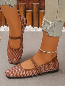 XfxfLadies' Mesh Flat Sole Shoes With Hollow Elastic Band Design, Breathable And Comfortable, Suitable For Travel/Casual Daily/Commuting Wear. - Brown - View 5
