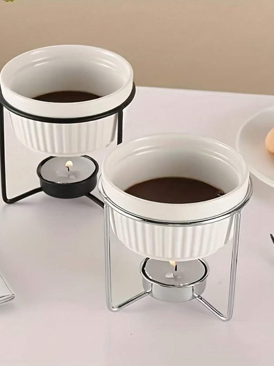 1PC 100ml/3.38oz Ceramic Butter Heater, Chocolate Melting Pot, Includes 1 Melting Bowl And 1 -Plated Iron Stand (Does Not Include A Candle), Suitable For Cooking Chocolate, Butter, Cheese, Etc., Kitchen Accessories. - Multicolor - View 1