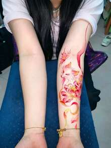 1pc Temporary Tattoo Sticker, Red Gradient Nine-Tailed Fox With Lotus, Butterfly And Streamer Pattern, Realistic Fake Tattoo Design, Suitable For Daily, Bachelorette Party Favors, Music Festivals, Cosplay, Graduation Gifts, Lasts 3-5 Days - Multicolor - View 4