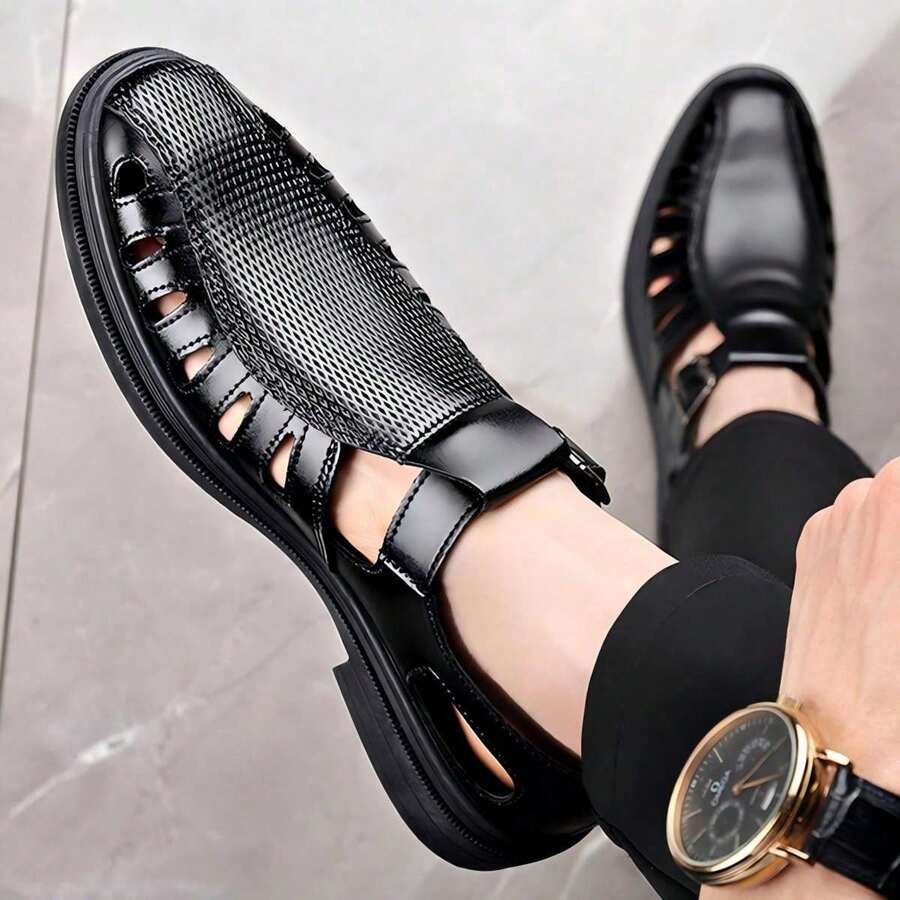 Sandalias hombre transpirable de piel con cortes decorativos, huarache punta cerrada suela robusta, calzado casual ideal para días calurosos