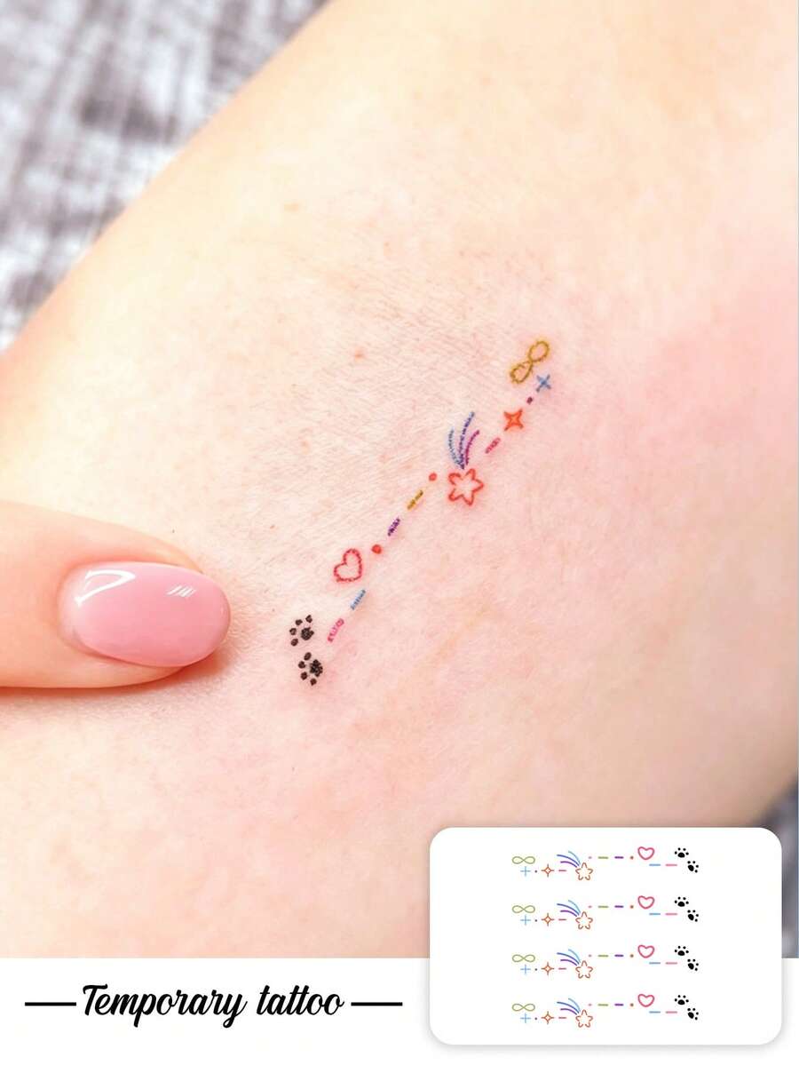 1pc Temporary Tattoo Sticker, Color Simple Line Infinity Symbol Meteor Heart Paw Print Strip Pattern, Realistic Fake Tattoo Design, Suitable For Daily, Bachelorette Party Favors, Music Festivals, Cosplay, Graduation Gifts, Lasts 3-5 Days - Multicolor - View 1
