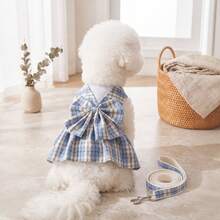 1pc Plaid Dog Dress Harness & Leash Set, Cute Bow Princess Style Pet Dress, Adjustable Breathable Harness, Suitable For Puppies, Small Dogs And Cats, Pet Walking Set - Multicolor - View 6