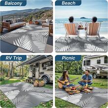 Karpet Luar Ruangan Tahan Air Ukuran 5ft x 8ft, Motif Jerami Plastik Bolak-balik, Cocok untuk Penggunaan Dalam dan Luar Ruangan, Ideal untuk RV, Teras, Patio, Halaman Belakang, Berkemah, Balkon, Piknik, Warna Abu-abu dan Putih - daun berwarna abu-abu dan putih - View 10