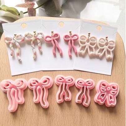 Ballet Girl Textured Bow Series Polymer Clay Cutting Molds, Flowing Ribbon Curved Surface, Expanded Ring Bow, Rounded Hollow Ring Center, Smooth Graceful Curves, Wide Crisp Edge Design Clay Cutting Molds, DIY Handmade Earring Pendant Brooch Making Tools, Suitable For Polymer Clay, 3D Printed, Clean Cut, Handmade Jewelry Floral DIY Craft Accessories