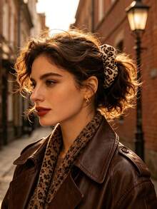 1pc Vintage Leopard Print Large Scrunchie Hair Tie For Women, Autumn/Winter Maillard Style Fabric Hair Accessory For Low Ponytail And Bun - Multicolor - View 4
