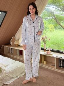 Sweet Light Blue Bow Print Woven Pajama Set, Lantern Sleeve Button-Down Top & Pants Women Fall Winter Sleepwear - Baby Blue - View 4