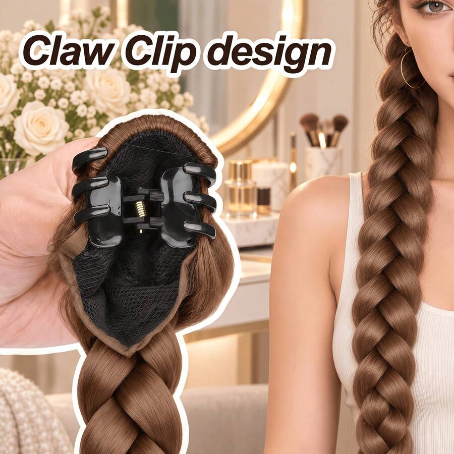 Pre-Braided Ponytail Braids, Thick Braided Hair Extensions, Suitable For Weddings, Concerts, Halloween, Cosplay, Vacations, K-Pop, Y2K And Photo Shoots - Light Brown - View 1
