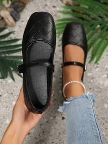1 Pair Women's Mary Jane Flats, Diamond Pattern Pattern, Square Toe, Low Vamp, Buckle Strap, Embossed Embossed Upper, Soft Sole For Long-Lasting Comfort, Suitable For Daily Commute, Dating, Elegant And Versatile, Can Be Paired With Skirts And Jeans - Black - View 8