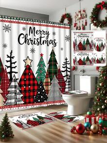 1/4pcs Christmas Tree Pattern Shower Curtain Set, Merry Christmas Buffalo Plaid Farmhouse Style Shower Curtain, Waterproof Fabric Winter Bathroom Shower Curtain, 70.8*70.8 Inches - A - View 3