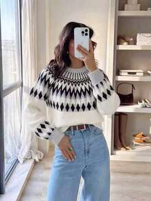 Nordic Relaxed Style Fair Isle Vintage Jacquard Knit Sweater Women's Loose Long Sleeve Pullover Crew Neck Dropped Shoulder Radial Jacquard Texture Soft Skin-Friendly Breathable Daily Wear Early Autumn Outfit Knit Top - White - View 5