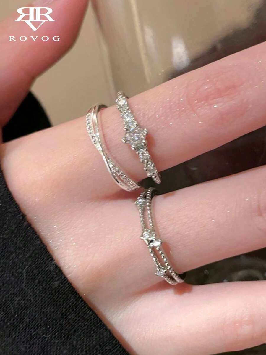 Set 3 buah Cincin Salib Paduan Tembaga Zirkonia Kubik Minimalis Elegan, Cocok untuk Pakaian Kasual & Pesta Wanita - Perak - View 1