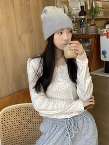 Women's Button Design Long Sleeve Korean Style Ditsy Floral Cropped T-Shirt - Apricot - View 5