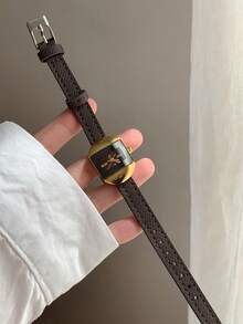 1件時尚咖啡棕色方形石英女錶，配可調節棕色PU錶帶，精緻刻度，小巧優雅，適合日常佩戴 - 咖啡棕 - 查看 2