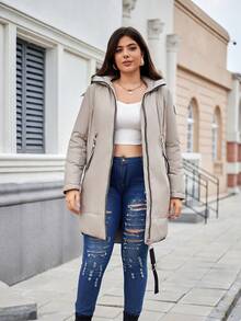 Astrid Plus Size Winter Casual Denim Detail Hooded Mid-Length Cotton Padded Coat - Beige - View 2