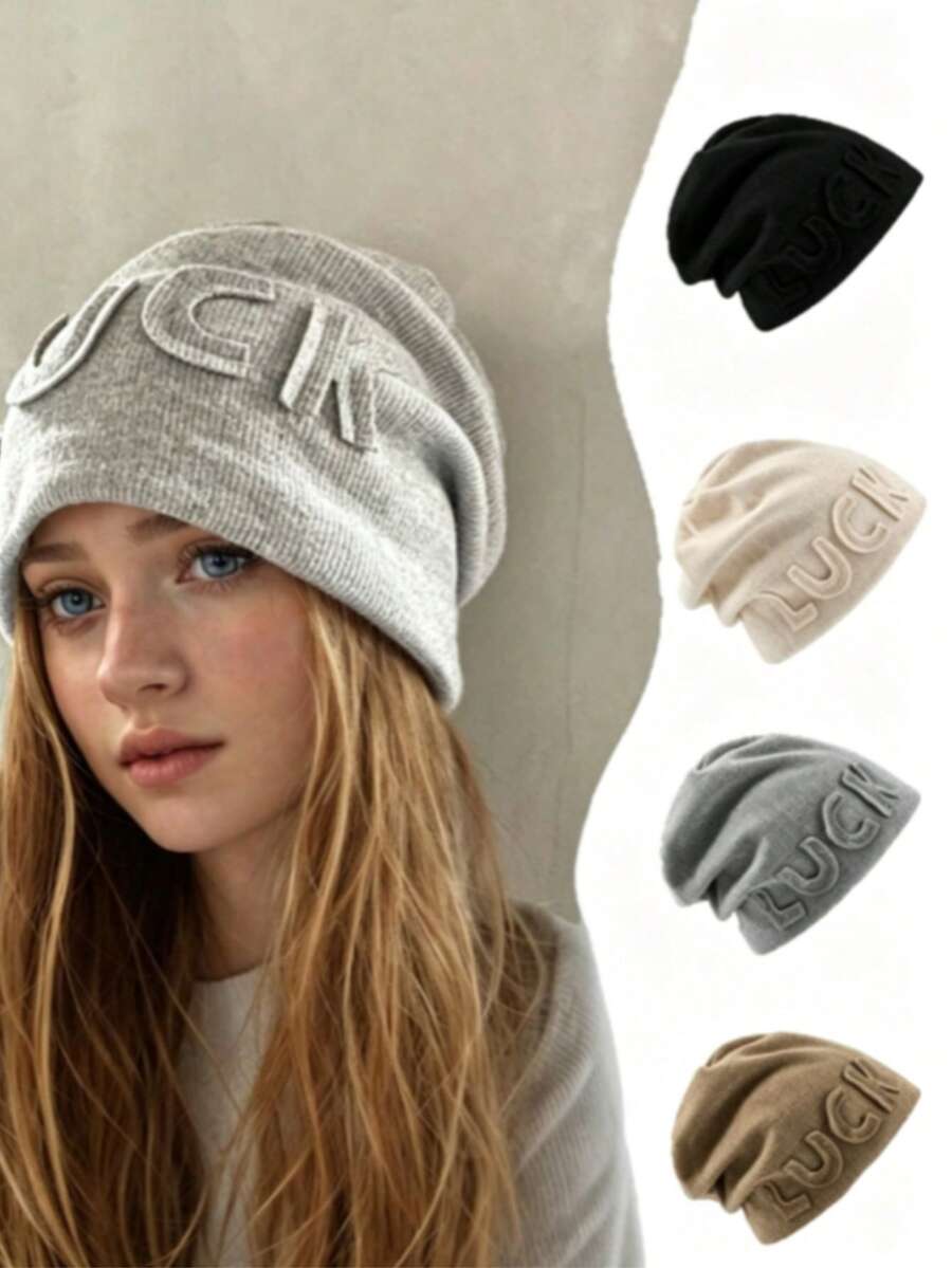 Autumn/Winter Korean Style Letter Print Slouchy Beanie Hat For Women, Ear-Covering Headwrap, Large Head Circumference, Vintage Knit Hat - Multicolor - View 1