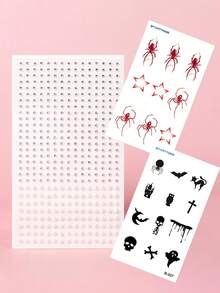 STARTTOOS 3PCS Shiny Large & Small Pearl Rhinestone + Dark Style Skull Spider Bat Pattern Halloween Makeup Halloween Street Party Gift Tattoo Stickers Finger Face Waterproof Tattoo Stickers - Multicolor - View 3