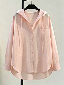 Kemeja Wanita Lengan Panjang Warna Pink dengan Tudung dan Kancing Depan, Tali Serut, Hem Asimetris dengan Bagian Depan Pendek dan Belakang Panjang, Bahan Poliester, Cocok untuk Musim Semi. - Baby Pink - View 4