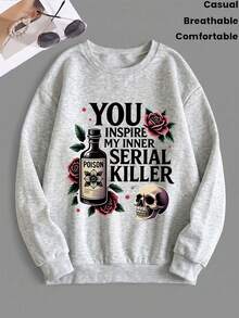 Women's Loose Sweatshirt, Soft Crew Neck Casual Top, Long Sleeve With Creative Letter Print, Machine Washable, Versatile Fall Winter Must-Have - Light Grey - View 8