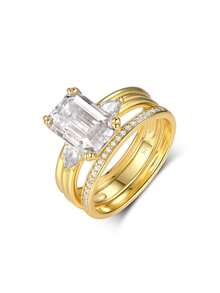 3pcs S925 Sterling Silver Vintage Romantic Rectangular Moissanite 3.5CT Stackable Rings For Women, Daily, Wedding, Beach, Vacation, Travel Accessories - Gold - View 7