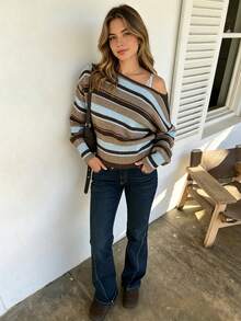 LOVE JOYY Women Fall Winter One Shoulder Striped Knit Sweater, Loose Drop Shoulder Long Sleeve Pullover Slim Casual Top - Multicolor - View 6